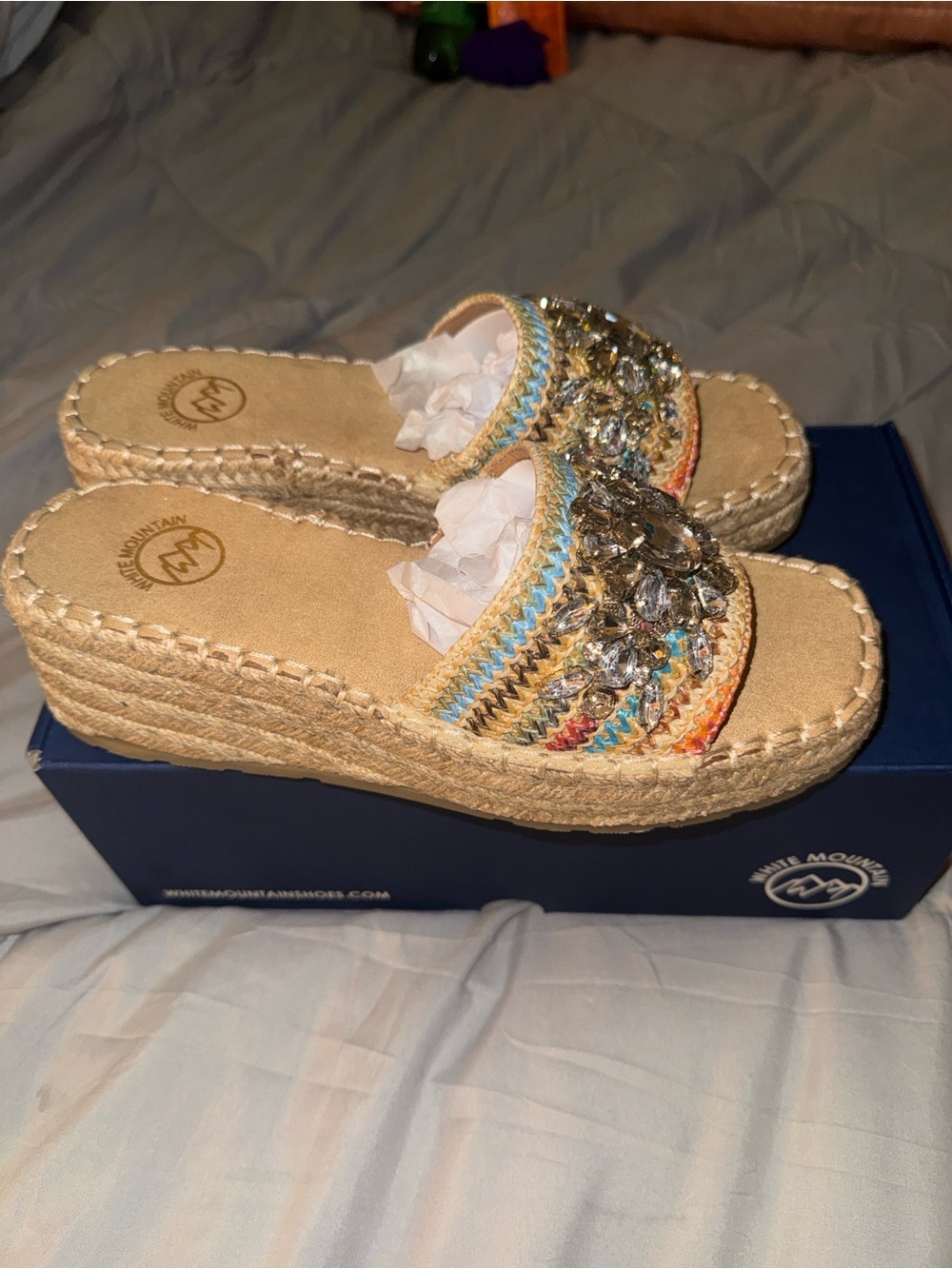 White Mountain Tan Wedge Slide Sandals with Multicolor Crochet & Crystal Accents - Picture 2 of 8